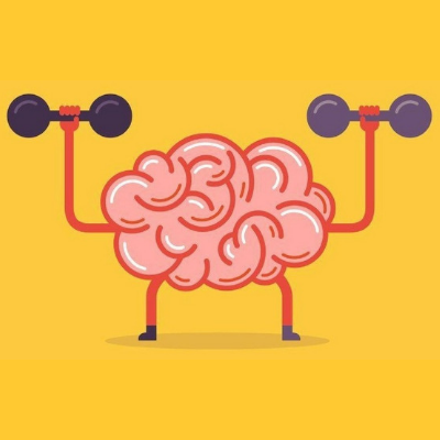 Cartoon brain lifting dumbbells on a yellow background, symbolizing mental exercise and rewiring