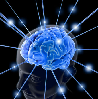 Blue brain radiating glowing points on a black background, visual metaphor for mental anchoring to reduce anxiety
