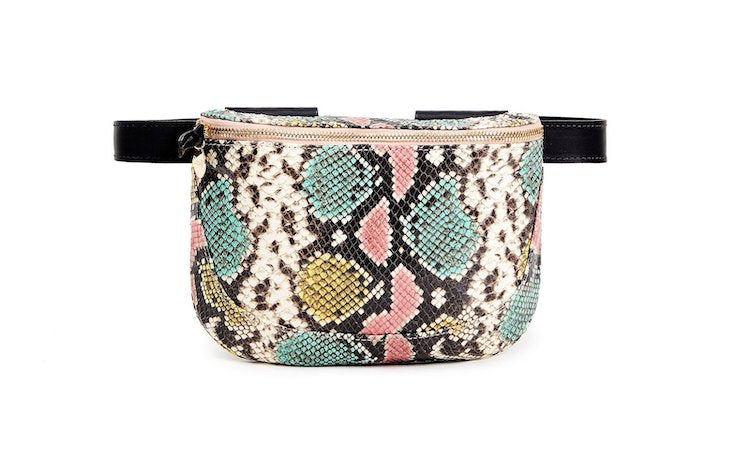 Front view of multicolor snakeskin-pattern fanny pack showcasing gold zipper and black adjustable strap on white background