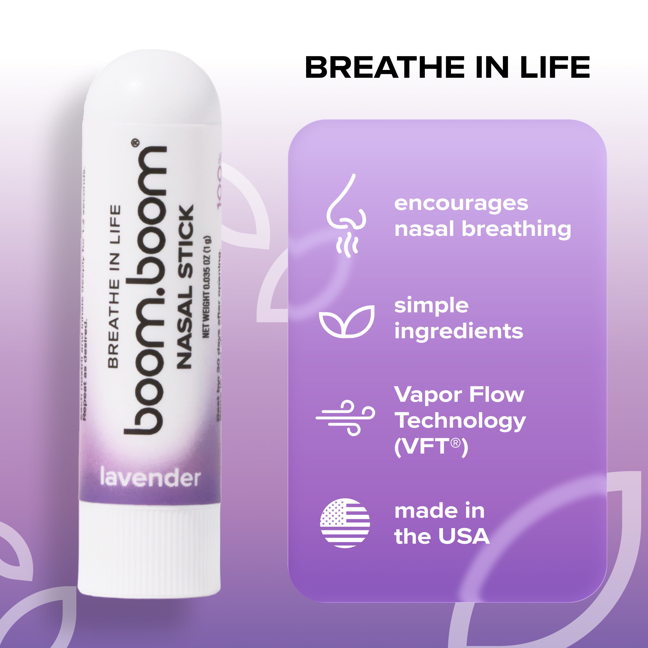 A nasal stick in lavender flavor on a purple background with text reading 'BREATHE IN LIFE' and feature callouts about nasal breathing, simple ingredients, vapor flow technology, and made in the USA.