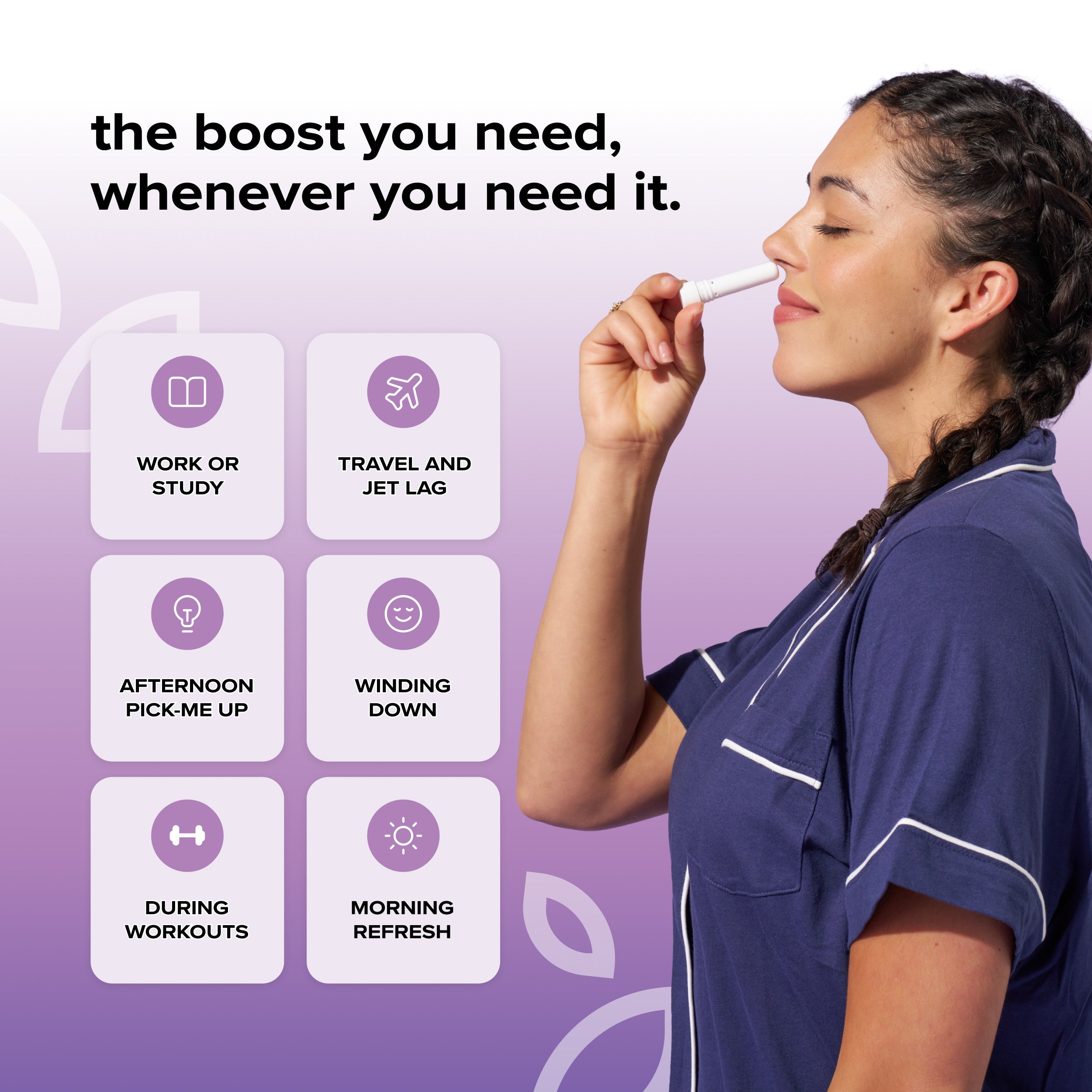 Profile of a woman inhaling a BoomBoom nasal stick against a purple background with series of scenarios where the nasal stick could help you, including; work or study, travel and jet lag, afternoon pick-me up, winding down, during workouts, morning refresh
