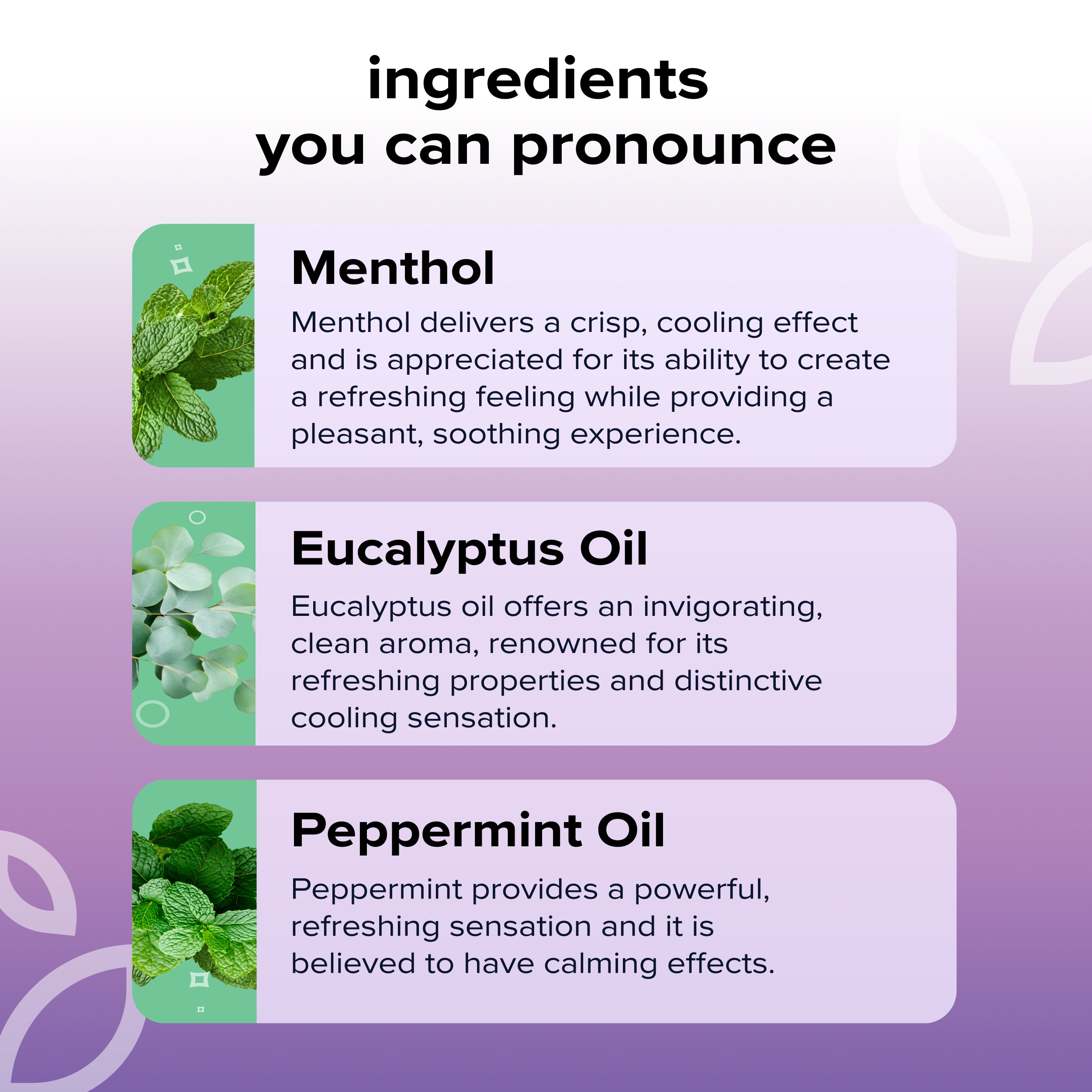 Banner showing the headline INGREDIENTS YOU CAN PRONOUNCE with cards for Menthol, Eucalyptus Oil, and Peppermint Oil and short descriptions of their breathing benefits