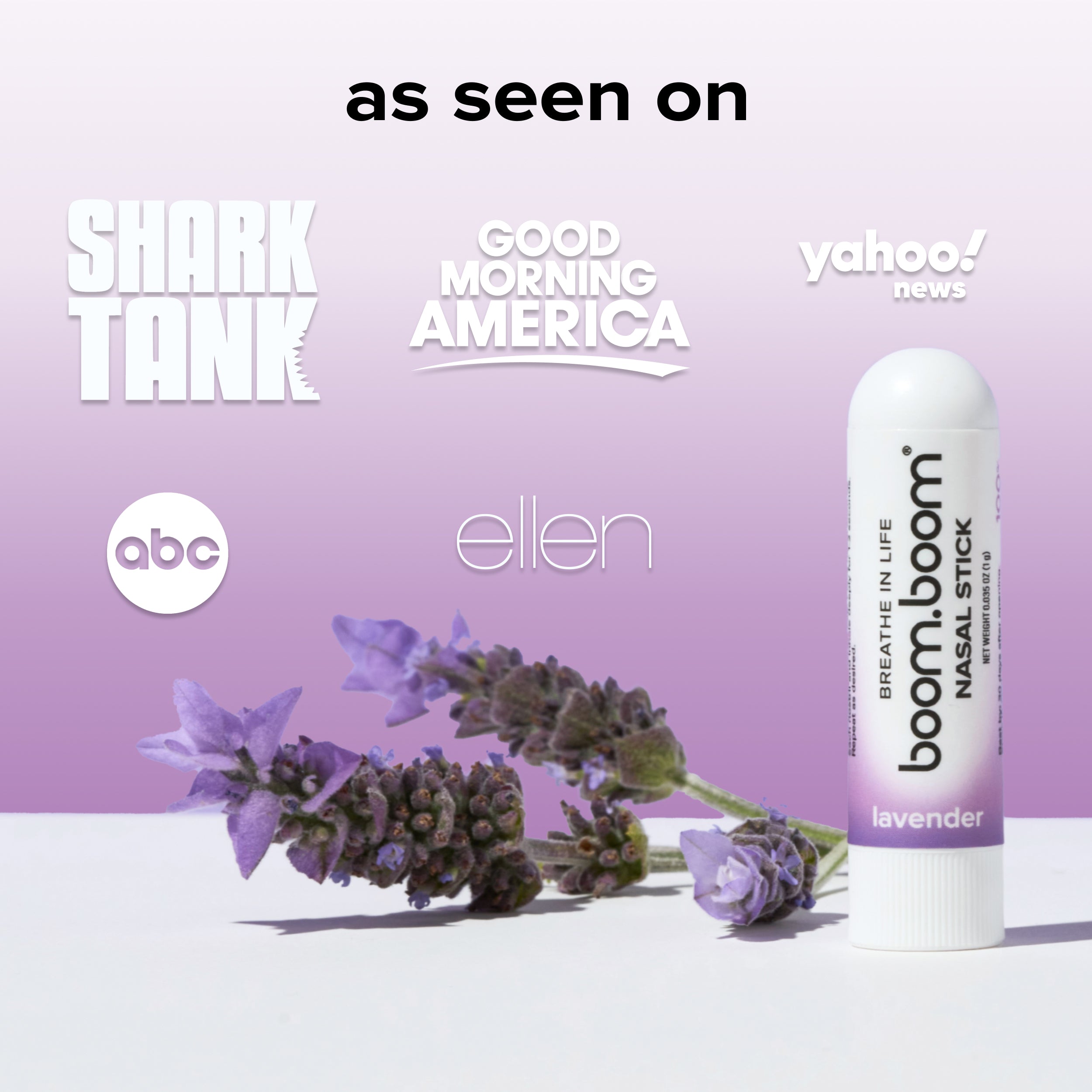 Right-side view of lavender Nasal Stick showcasing lavender label and branding with lavender sprigs on purple background and as seen on headline and media logos
