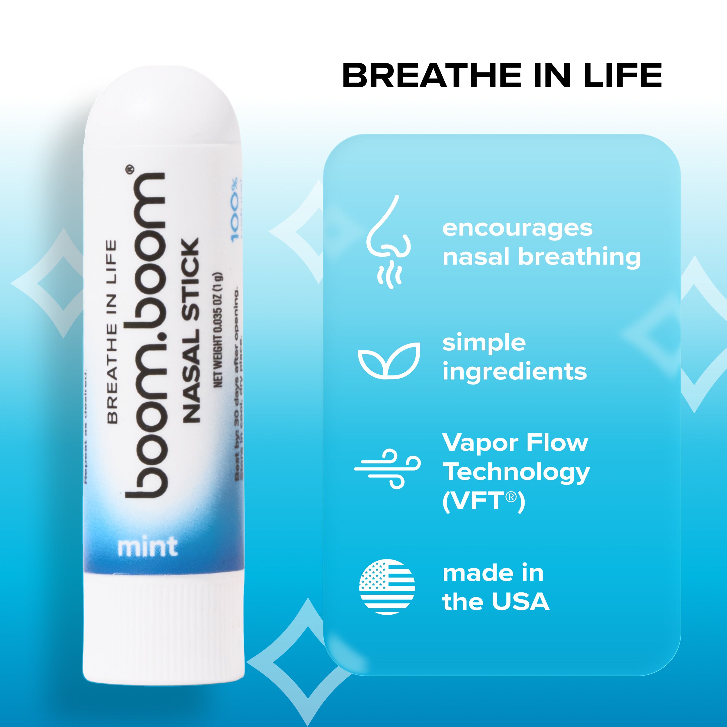 A nasal stick in mint flavor on a bright blue background with text reading 'BREATHE IN LIFE' and feature callouts about nasal breathing, simple ingredients, vapor flow technology, and made in the USA.
