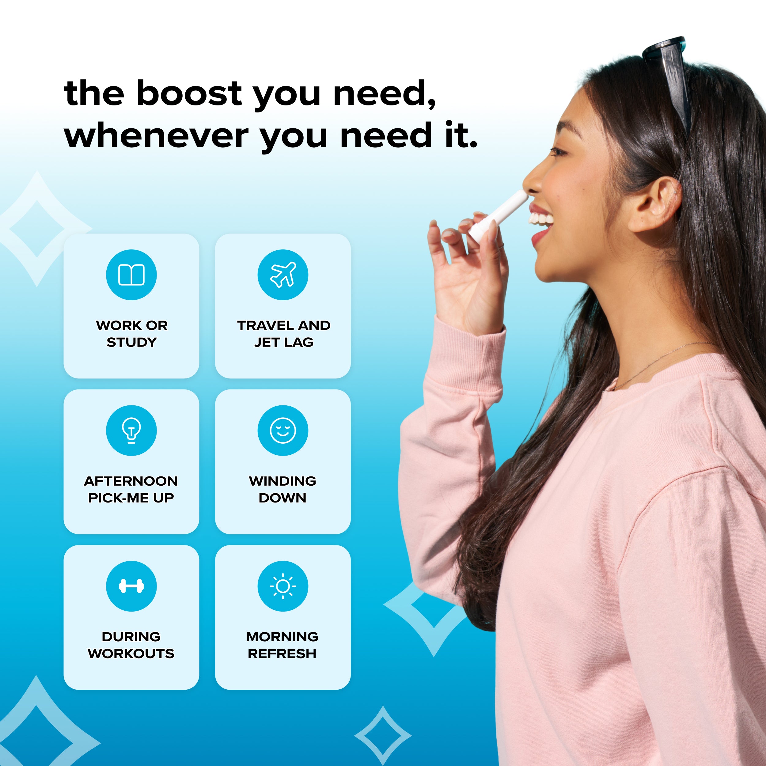 Profile of a woman inhaling a BoomBoom nasal stick against a blue background with series of scenarios where the nasal stick could help you, including; work or study, travel and jet lag, afternoon pick-me up, winding down, during workouts, morning refresh
