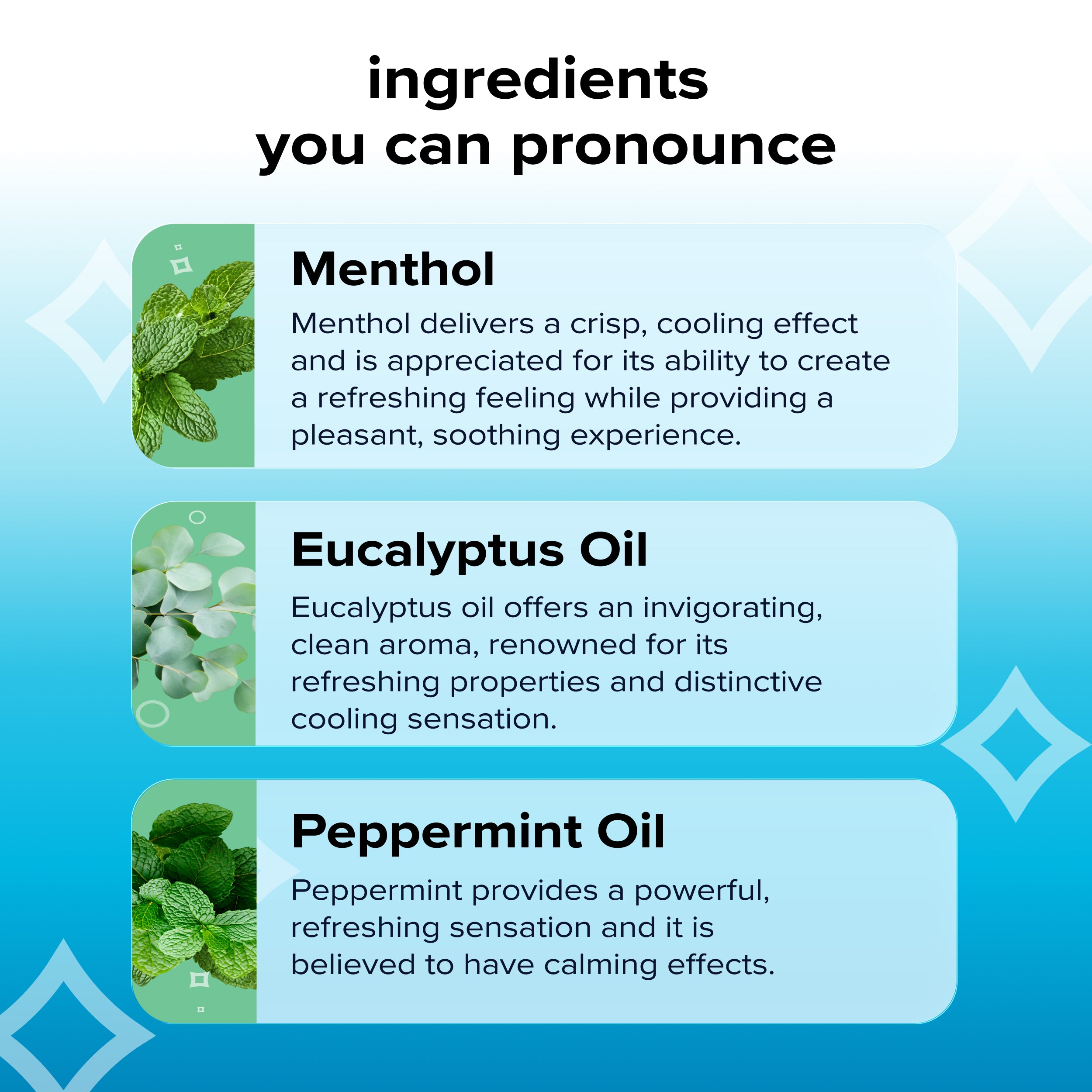 Banner showing the headline INGREDIENTS YOU CAN PRONOUNCE with cards for Menthol, Eucalyptus Oil, and Peppermint Oil and short descriptions of their breathing benefits