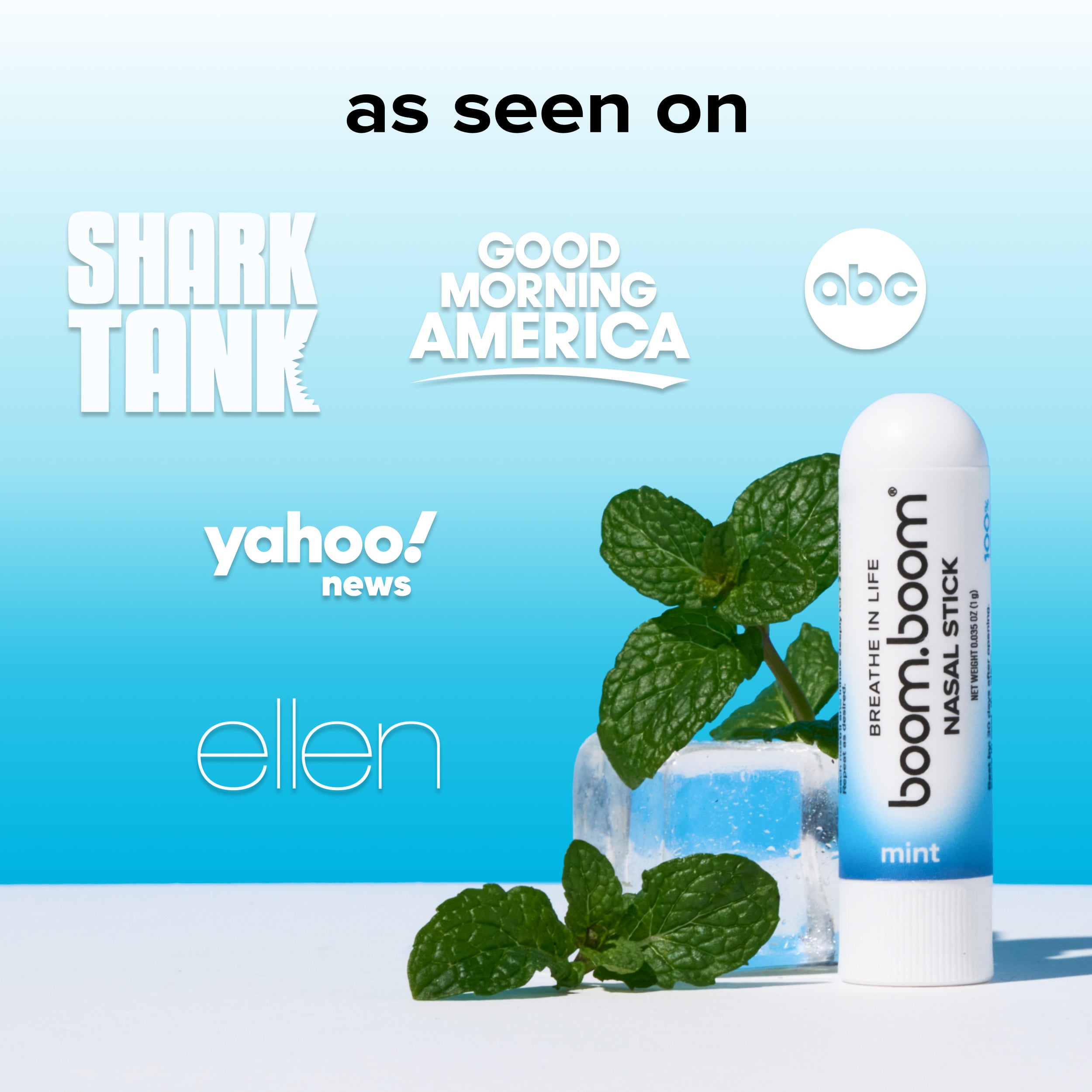 Right-side view of Mint Nasal Stick showcasing mint label and branding with mint leaves and ice cube on blue background and as seen on headline and media logos