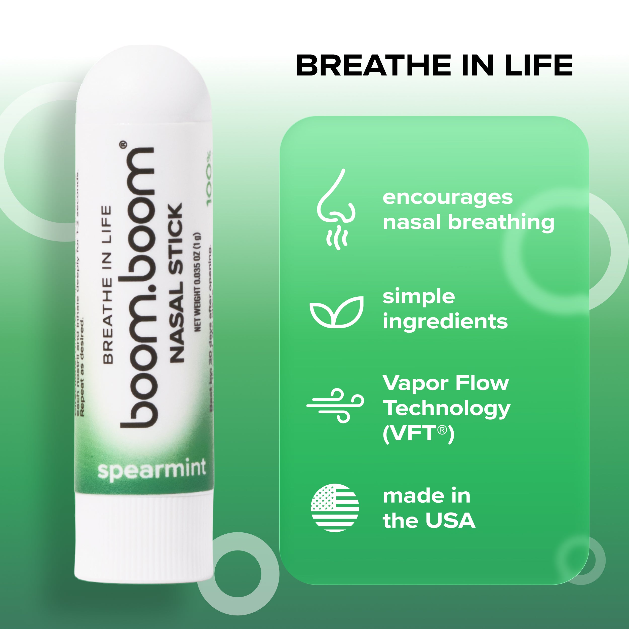 A nasal stick in spearmint flavor on a green background with text reading 'BREATHE IN LIFE' and feature callouts about nasal breathing, simple ingredients, vapor flow technology, and made in the USA.