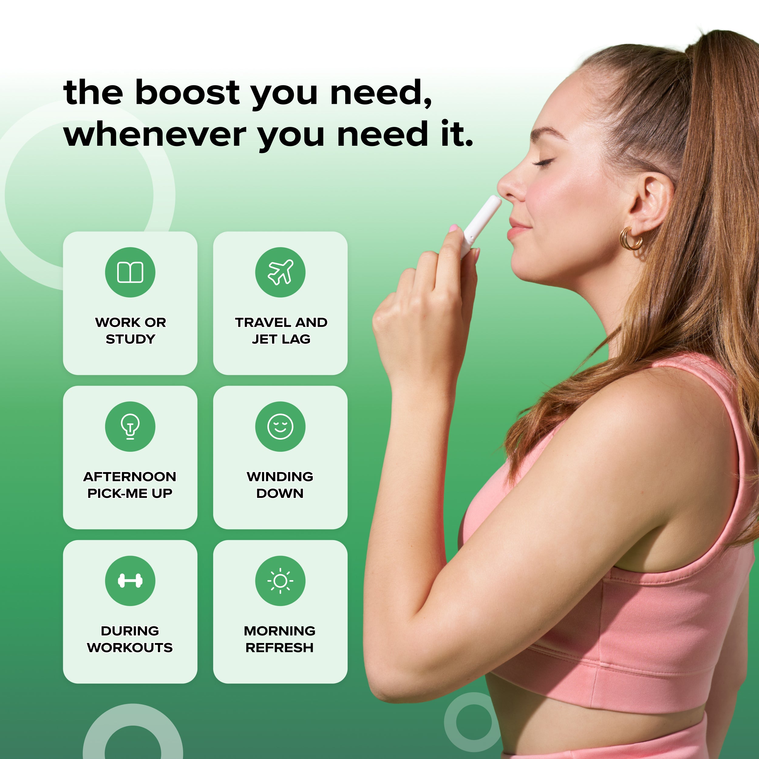 Profile of a woman inhaling a BoomBoom nasal stick against a green background with series of scenarios where the nasal stick could help you, including; work or study, travel and jet lag, afternoon pick-me up, winding down, during workouts, morning refresh
