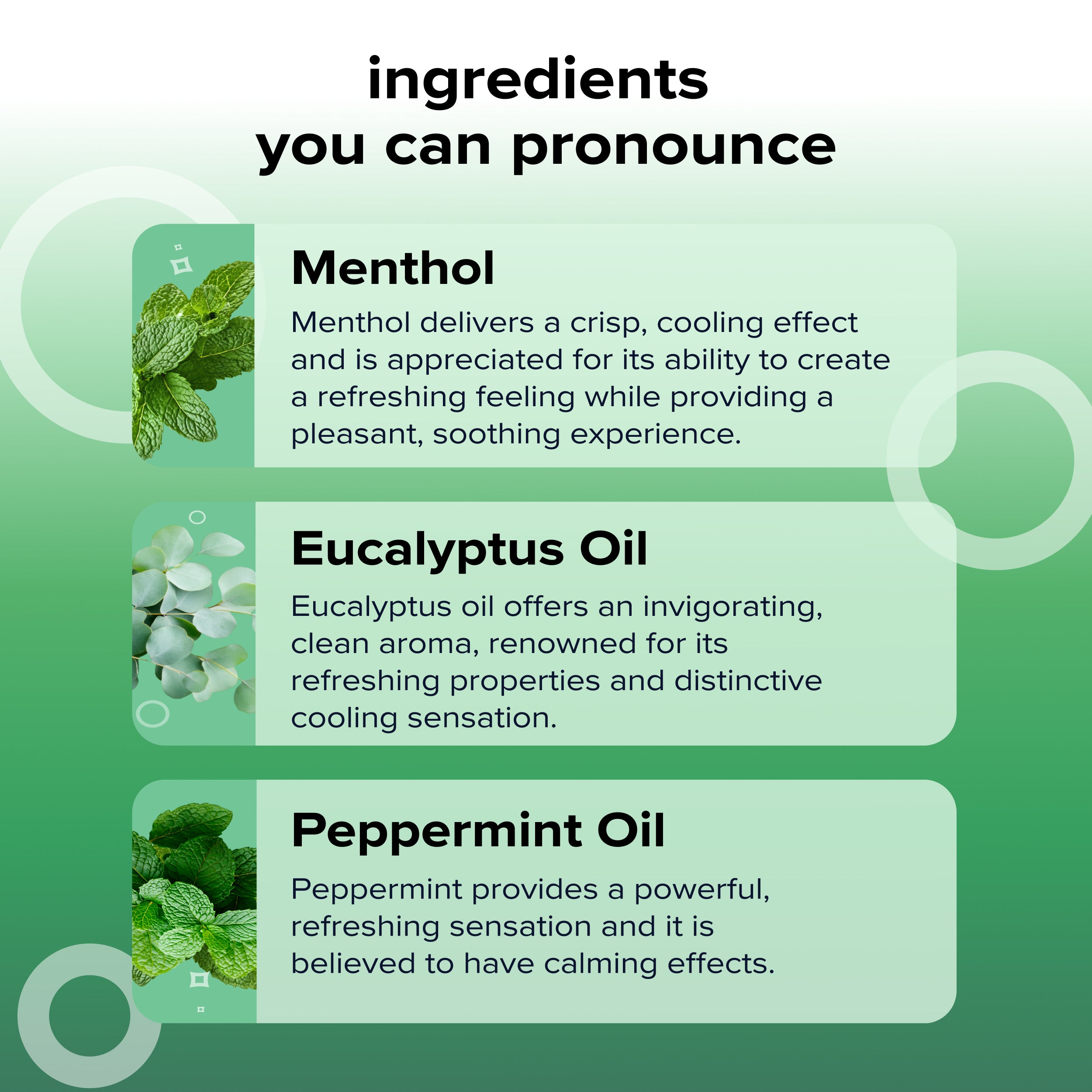 Infographic with headline Ingredients you can pronounce and cards for Menthol, Eucalyptus Oil, and Peppermint Oil