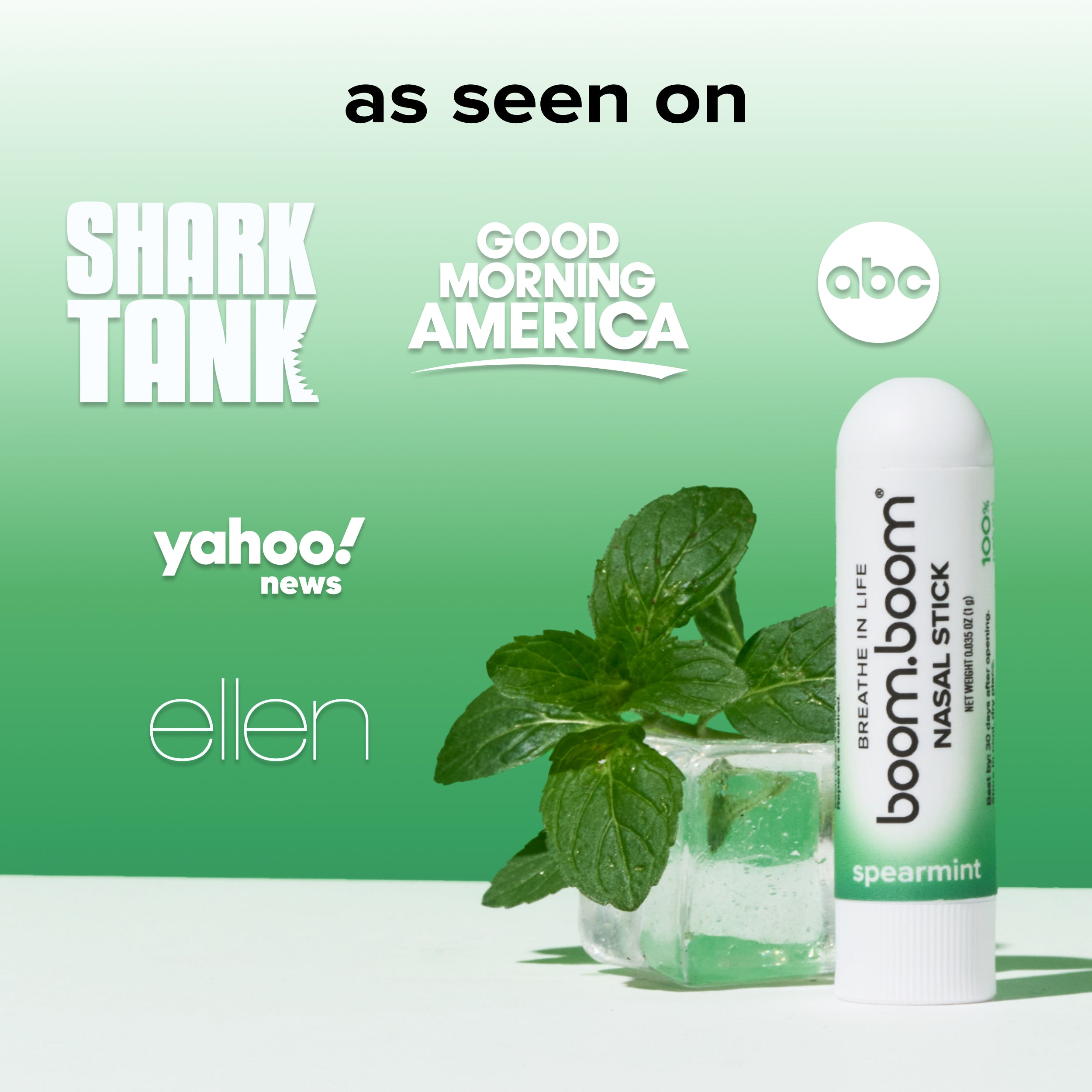 Right-side view of Nasal Stick spearmint showing white pocket-sized tube, mint leaves, ice cubes and green gradient background