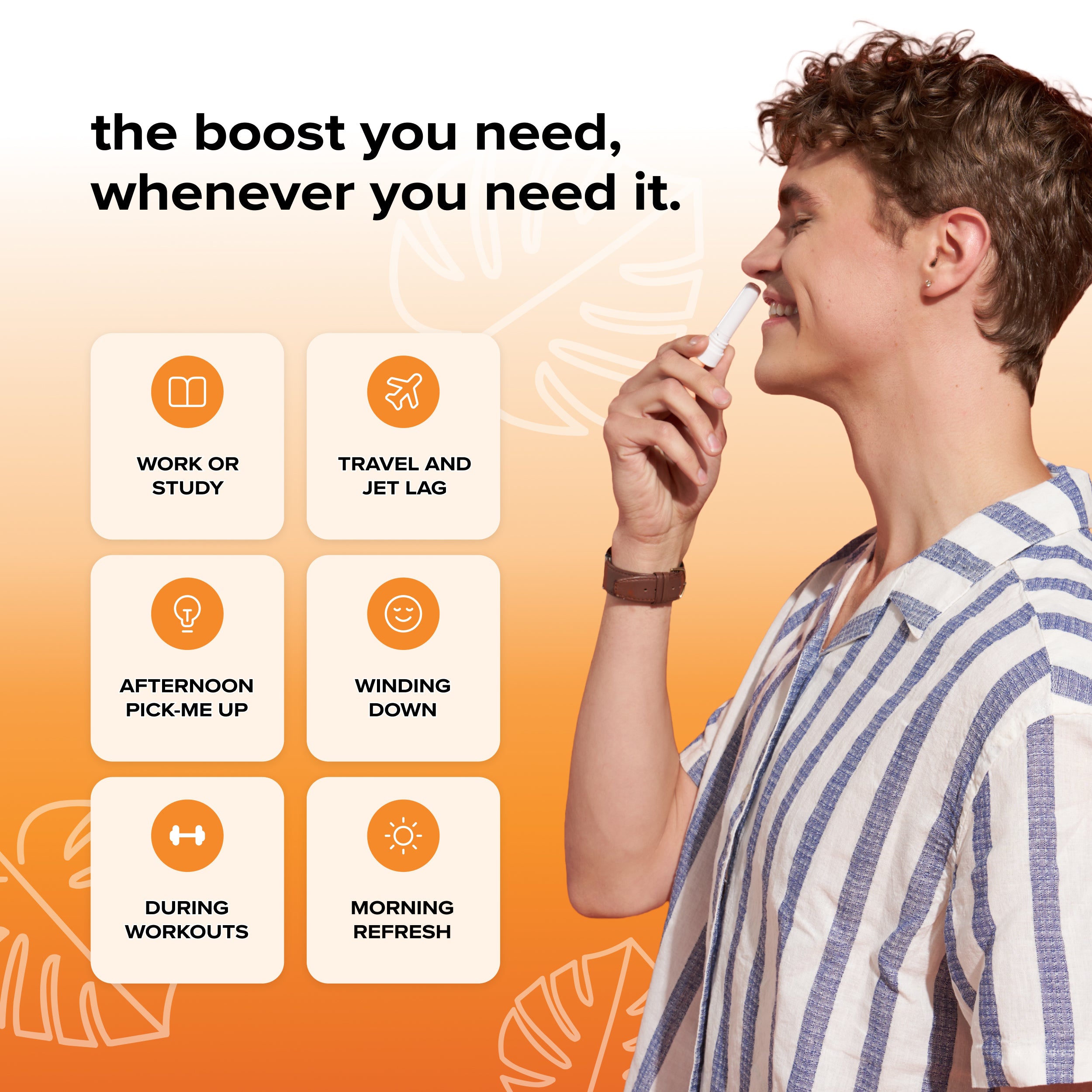 Profile of a man inhaling a BoomBoom nasal stick against an orange background with series of scenarios where the nasal stick could help you, including; work or study, travel and jet lag, afternoon pick-me up, winding down, during workouts, morning refresh