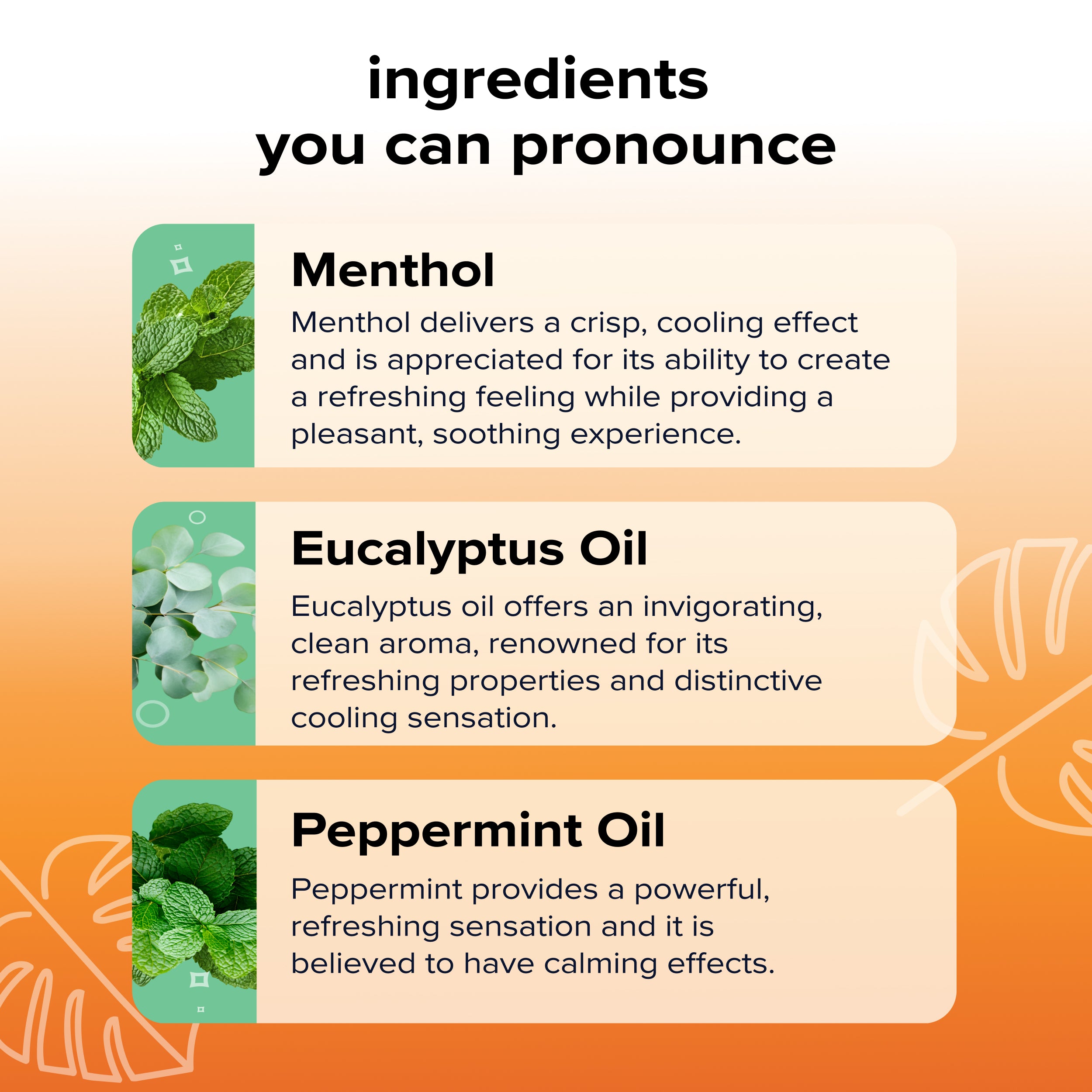 Promotional banner titled “Ingredients You Can Pronounce” showing ingredient cards for Menthol, Eucalyptus Oil, and Peppermint Oil with brief benefit text