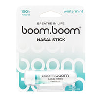 Front view of Wintermint nasal stick in blister card packaging showcasing white tube, teal gradient design, and boom.boom branding on white background