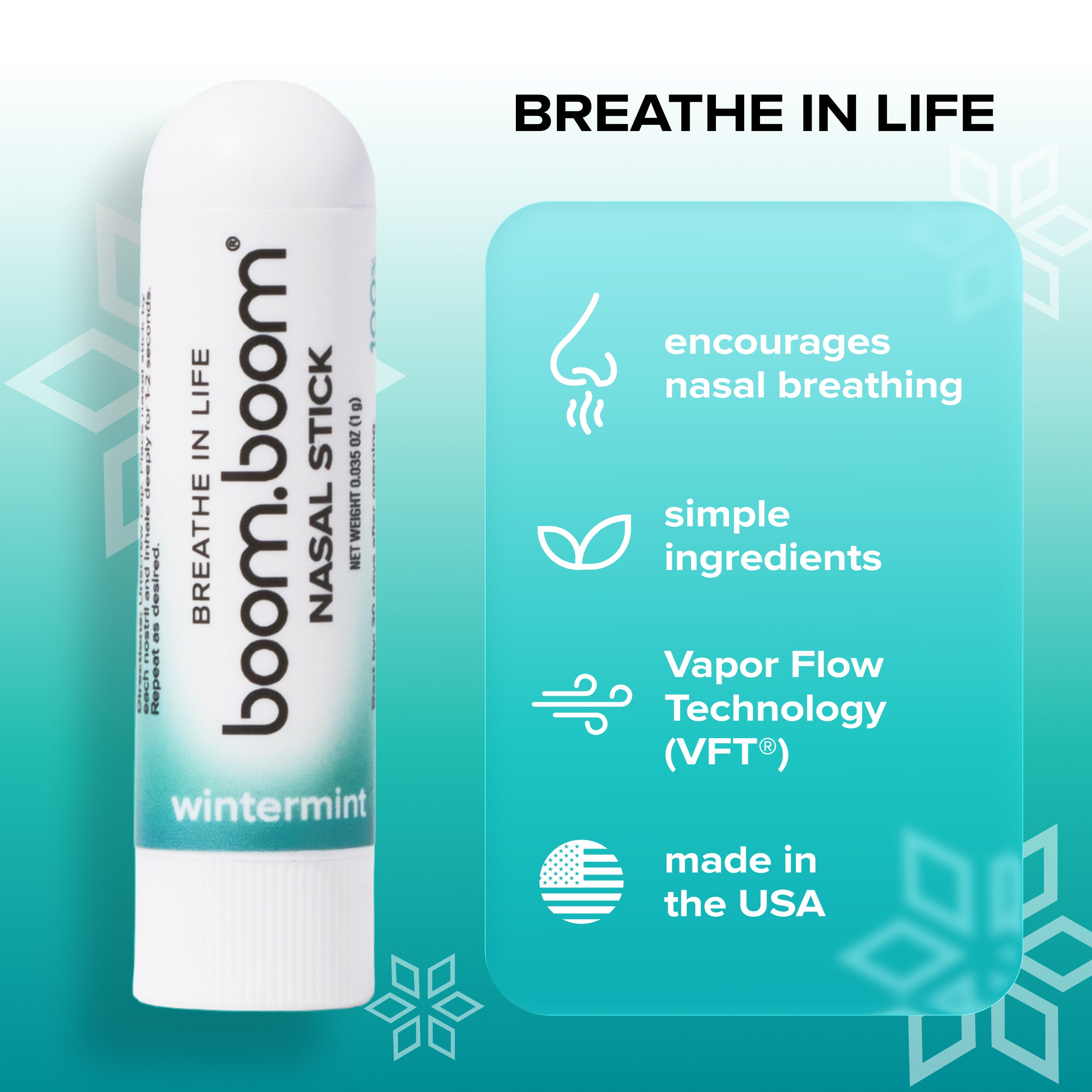 A nasal stick in wintermint flavor on a teal background with text reading 'BREATHE IN LIFE' and feature callouts about nasal breathing, simple ingredients, vapor flow technology, and made in the USA.