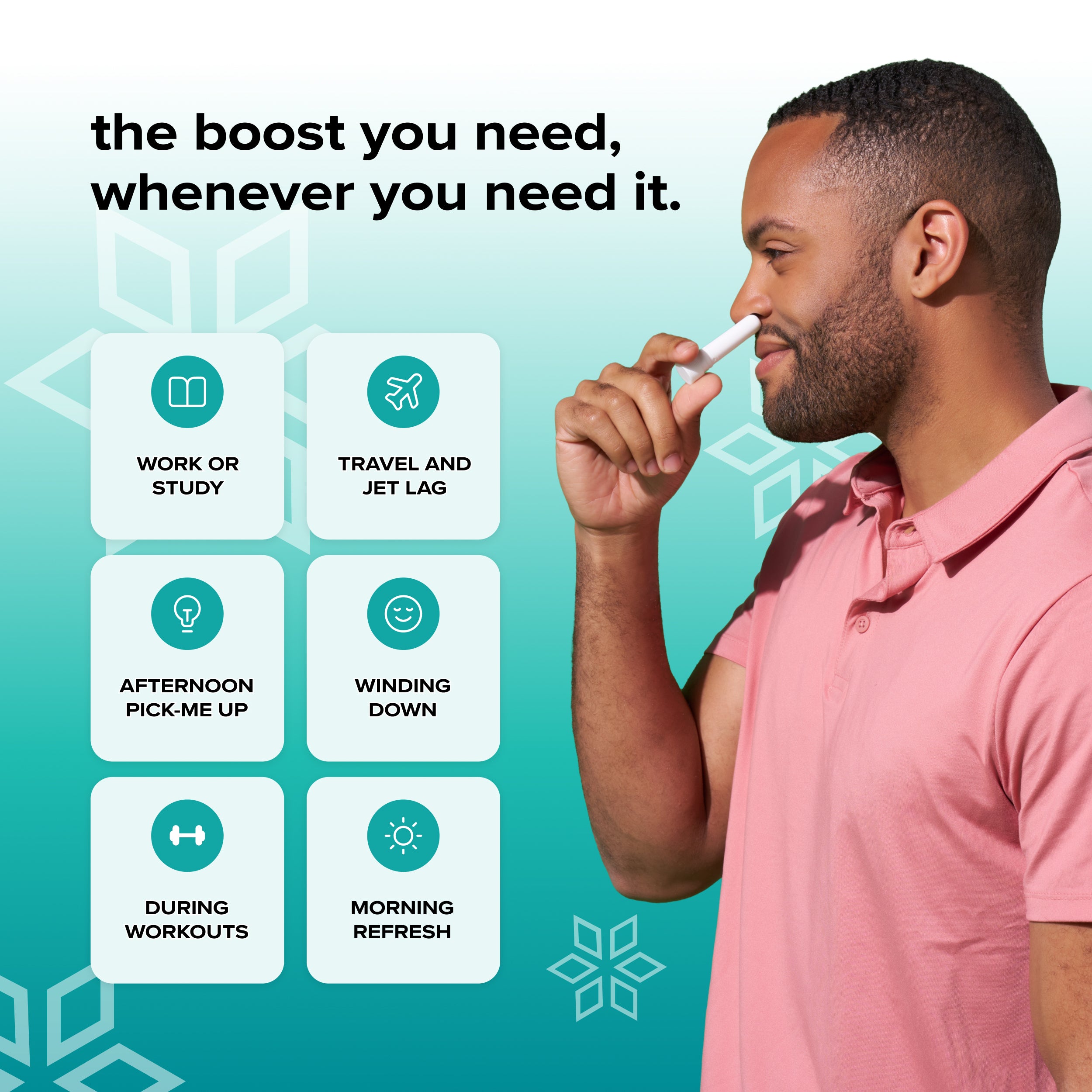 Profile of a man inhaling a BoomBoom nasal stick against a teal background with series of scenarios where the nasal stick could help you, including; work or study, travel and jet lag, afternoon pick-me up, winding down, during workouts, morning refresh