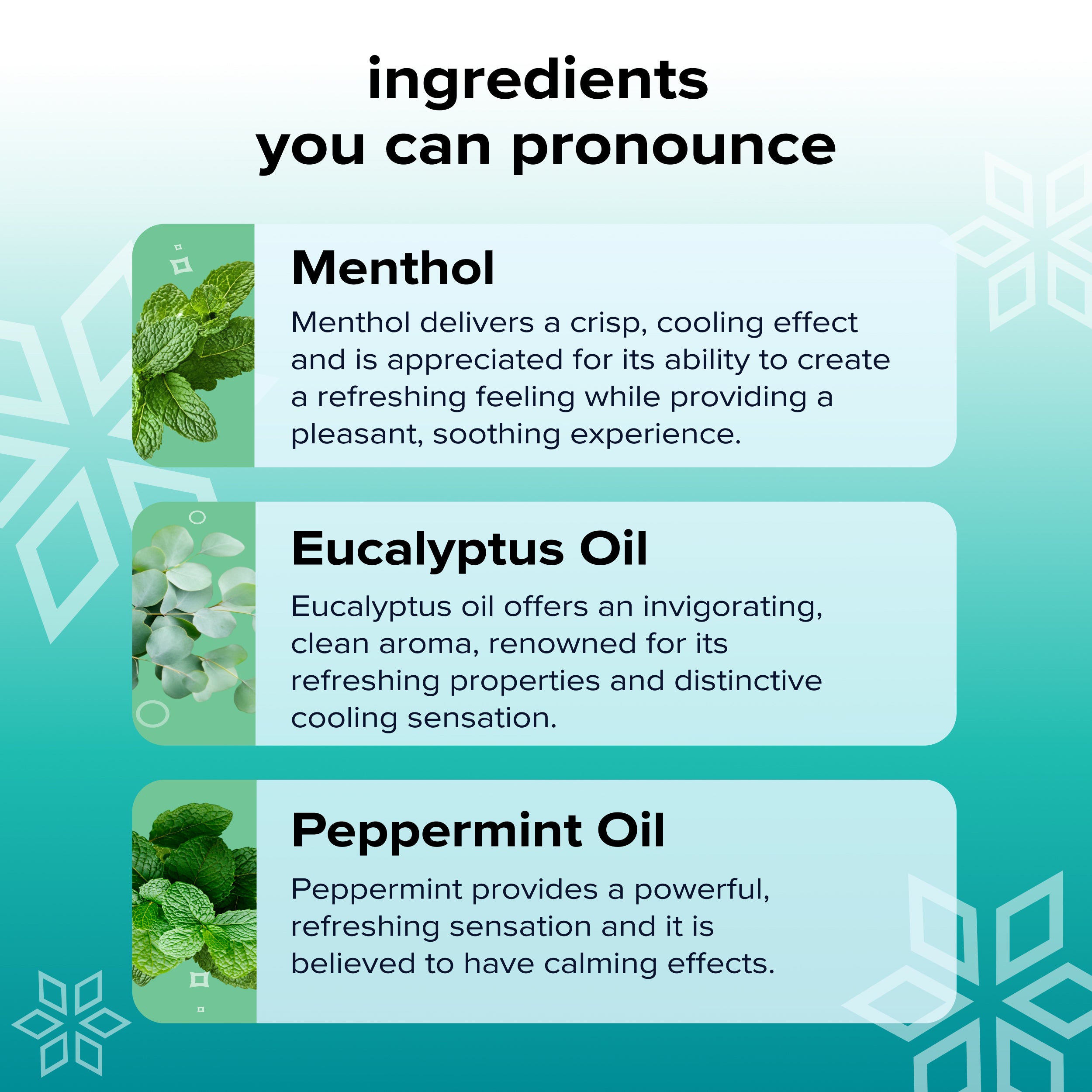 Informational graphic titled INGREDIENTS YOU CAN PRONOUNCE highlighting Menthol, Eucalyptus Oil, and Peppermint Oil